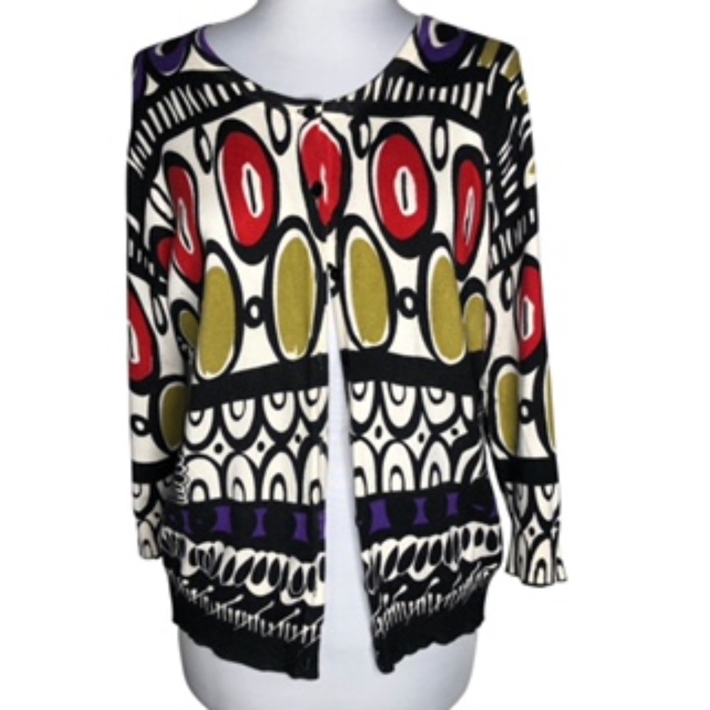 Joseph A Colorful Abstract 3/4 Sleeve Button Front Scoop Neck Cardigan Size PXL